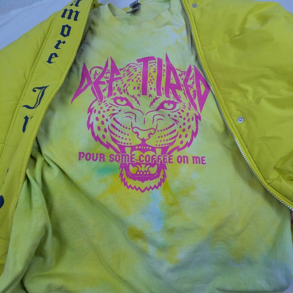Def Tired Womans Tee Pour Some Coffee On Me Yellow Pink Tie Dye Tee XL